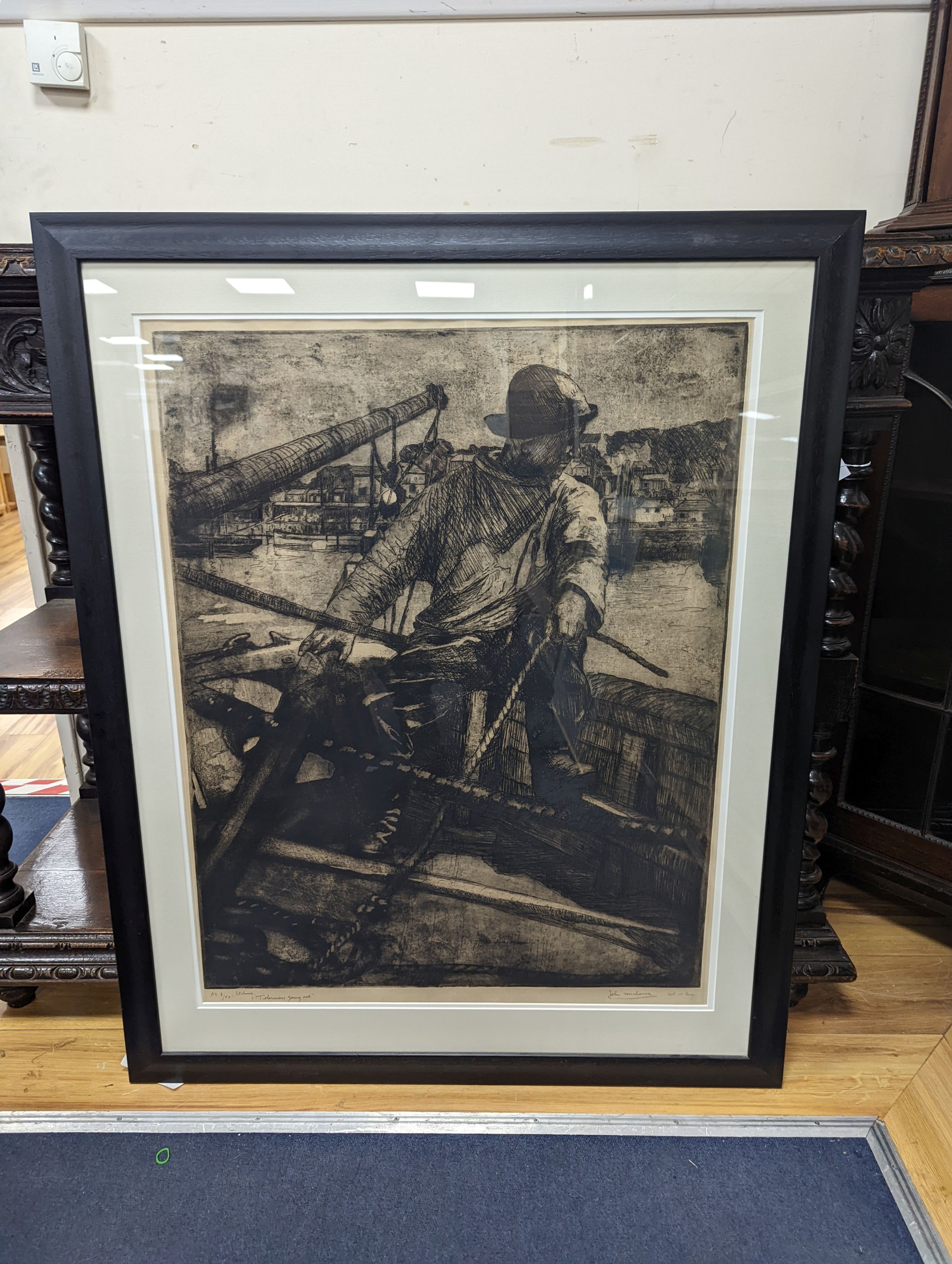 Jean Michaux (1876-1956), etching, 'Fisherman going out', signed in ink, 3/50, 79 x 62cm